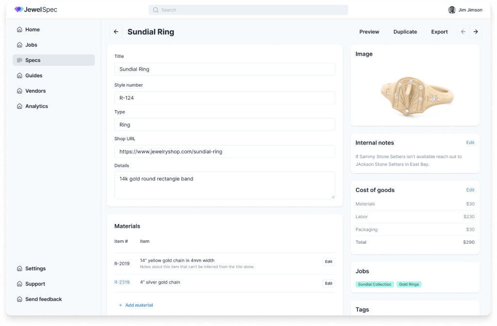Screenshot of Jewel Spec App